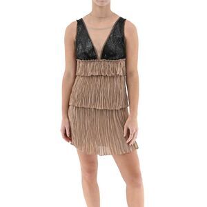 BCBGMAXAZRIA Dress‎ Womens Size XXS Nude Black Averil Crinkle Crepe Retro Glam